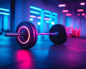Barbell glowing with neon lights in a gym setting, showcasing fitness, strength, and vibrant energy with colorful lighting