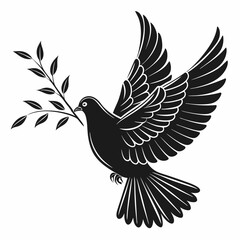 Dove with olive branch vector Black silhouette on a white background