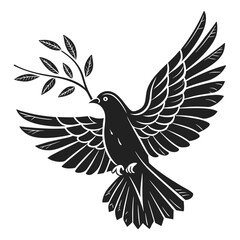 Dove with olive branch vector Black silhouette on a white background