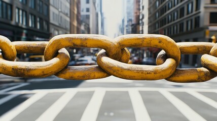 Naklejka premium A vibrant yellow chain links across city street, symbolizing connection and security. urban backdrop features tall buildings and busy road
