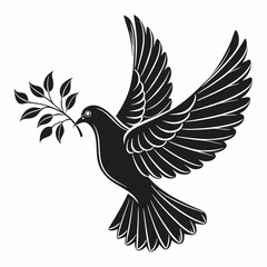 Dove with olive branch vector Black silhouette on a white background