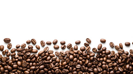 Obraz premium A panoramic border of coffee beans isolated against a white background with space for text.