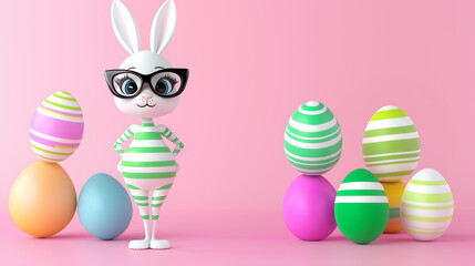 Cartoon bunny with colorful striped eggs on pink background