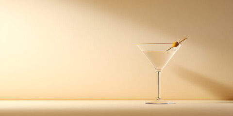 A martini glass with an olive rests on a beige surface, bathed in soft light. Minimalist elegance.