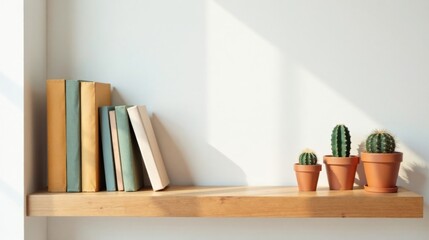 Fototapeta premium Sunlit Shelf with Books and Cacti in Earthy Tones