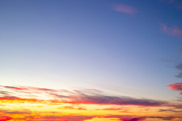Evening sunset sky with clouds painted in bright colors. Sunset landscape, sky background.