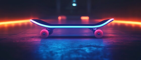 Illuminated neon skateboard set against a dark backdrop, symbolizing modern design and urban street style for creative concepts