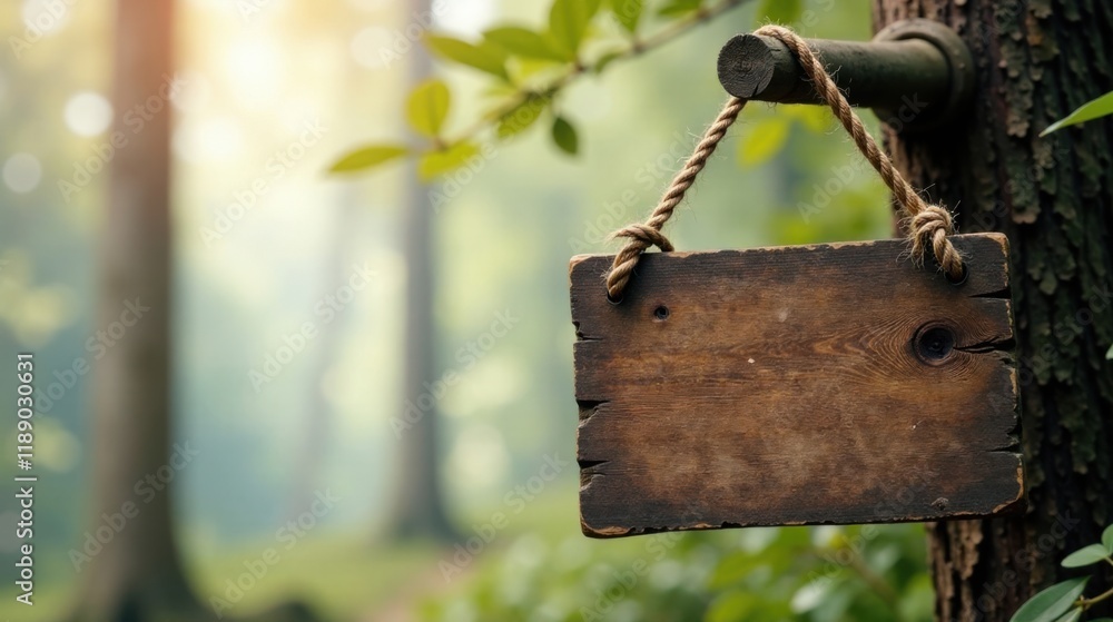 Poster rustic wooden sign hanging on tree in tranquil forest setting