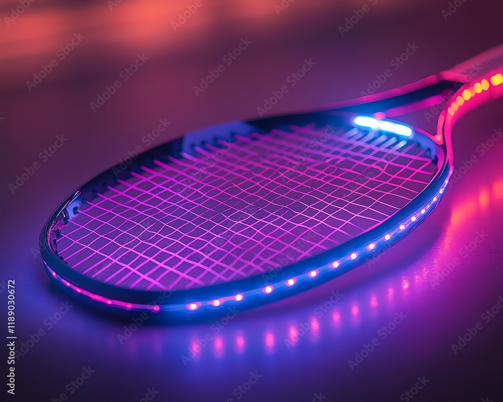 Poster modern tennis racket illuminated with neon lights, creating a dynamic and electrifying visual of spo