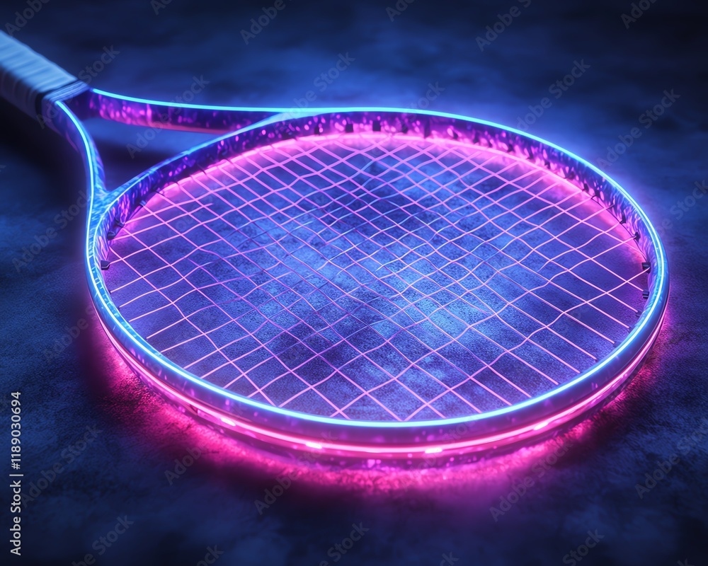 Poster modern tennis racket illuminated with neon lights, creating a dynamic and electrifying visual of spo