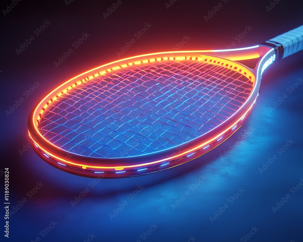 Poster modern tennis racket illuminated with neon lights, creating a dynamic and electrifying visual of spo