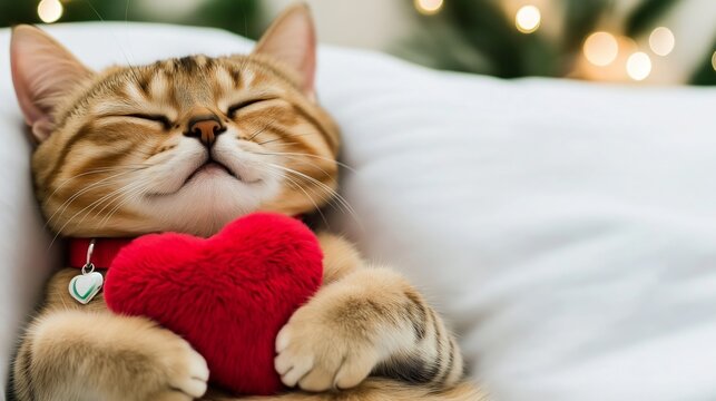 A serene tabby cat lying on a white surface, hugging a red plush heart close to its chest, with a green heart-shaped collar. The background is softly blurred, adding warmth and intimacy
