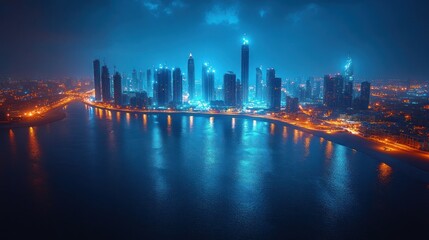 Obraz premium Night cityscape, modern skyscrapers, illuminated buildings reflected in water.