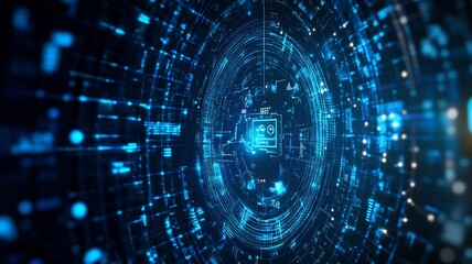 Obraz premium A futuristic digital tunnel with glowing blue data streams and circuits, symbolizing secure transactions and technology advancement
