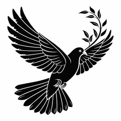 Dove with olive branch vector Black silhouette on a white background