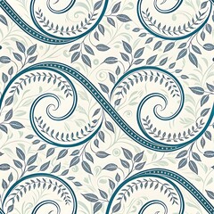 Elegant swirl and leaf seamless pattern, Seamless ornamental pattern featuring graceful swirling lines and leafy motifs in a refined, symmetrical design with soft, muted tones. 
