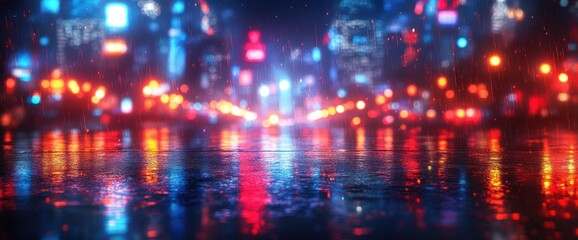 Obraz premium Night city street reflection in wet asphalt.