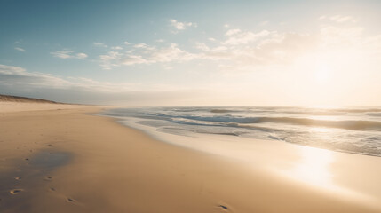 Serene Beach Scene with Gentle Waves, Soft Golden Light, and Footprints in the Sand  
