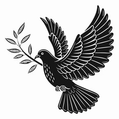 Dove with olive branch vector Black silhouette on a white background