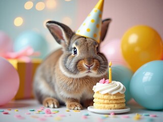 Cute rabbit celebrates birthday with cake and balloons in a festive setting