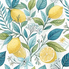 Elegant lemon and floral botanical pattern, Seamless botanical pattern featuring lemons, lemon slices, green leaves, and delicate flowers in a fresh, elegant hand-drawn design. 
