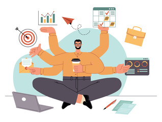 Businessman performing several functions at same time. Multitasking employee, funny man in lotus position at workplace, vector illustration