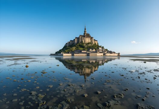 Panorama of Mont Saint-Michel in France during high tide