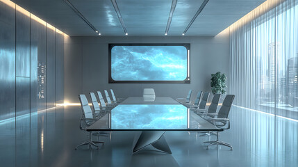 modern conference room with floor-to-ceiling windows offering a breathtaking city view