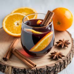 Two glasses of christmas mulled wine with oranges and spices on wooden background.