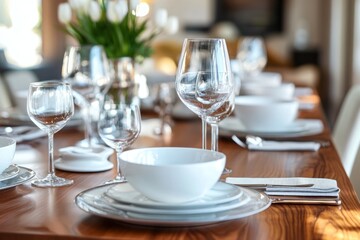 Elegant Table Setting With White Dishes And Wine Glasses