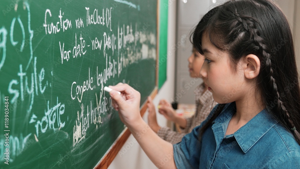 Poster skilled asian girl writing engineering prompt and programing system while standing blackboard with g