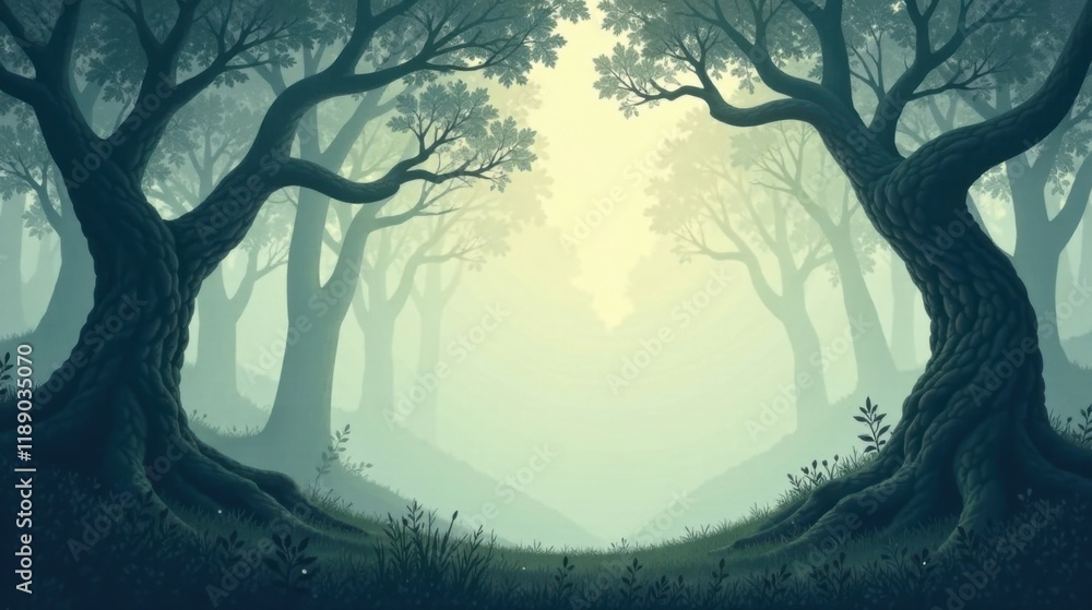 Poster Misty Forest Path Serene Woodland Scene with Ancient Trees and Soft Light