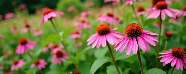 Obraz premium Pink coneflower clusters in a lush perennial border, flowers, pink, greenery
