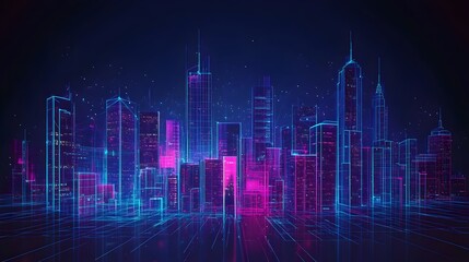 Naklejka premium Futuristic cityscape on a dark background.A glowing wireframe modern cityscape at night. futuristic urban planning, smart cities, or digital city models. integration of nature with modern architecture