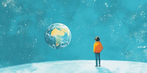 Naklejka premium Astronaut Gazing at Distant Earth From Lunar Surface