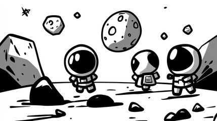 Three cute astronauts exploring a moon landscape with craters, rocks, and a large moon in the background.