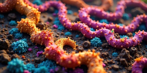 Microscopic Organisms in Vibrant Hues, Crawling Across a Dark Surface