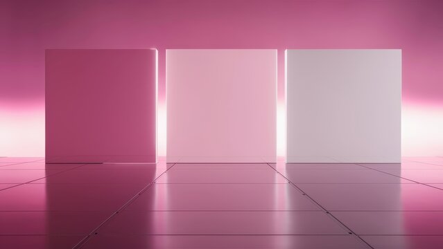 Neon pink room, minimalist geometric interior, glowing cubes, reflective floor, futuristic space, bright illumination, abstract architecture, sleek design, clean lines, 3D rendering, digital art, vapo