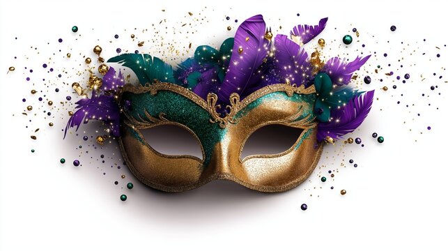 A glamorous Mardi Gras mask adorned with green and gold glitter, vibrant purple feathers, and sparkling decorations. The design features intricate details and is surrounded by festive confetti and bea