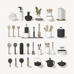 Obraz premium Flatlay illustration of kitchen utensils, containers, and decor.