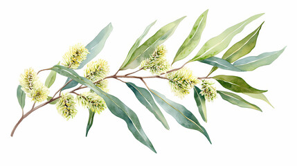 Hand drawn watercolor illustration of botanical foliage. osier ash oak acacia blackwood willow lancet eucalyptus laurel branch isolated against white background. Blazewood. Illustration