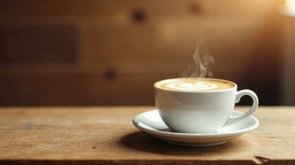 Obraz premium Aromatic Steaming Latte in a White Cup on Wooden Table