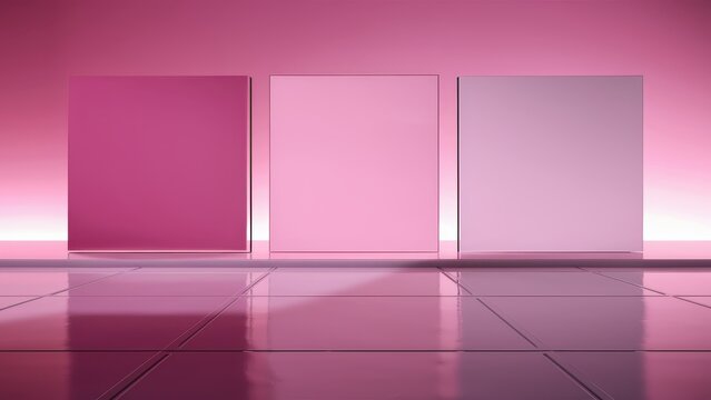 Neon pink room, minimalist geometric interior, glowing cubes, reflective floor, futuristic space, bright illumination, abstract architecture, sleek design, clean lines, 3D rendering, digital art, vapo