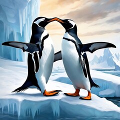Pair of gentoo penguins in wild nature