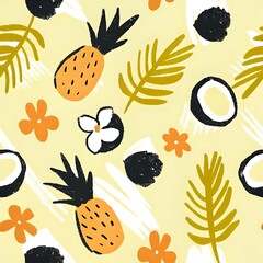 Playful tropical fruit and leaf pattern, Fun and artistic seamless pattern featuring pineapples, coconuts, tropical leaves, and flowers in a hand-drawn, vibrant style. 
