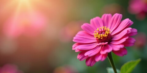 Obraz premium A vibrant pink flower blossoms in soft sunlight, delicate petals unfurling in a tranquil garden setting.