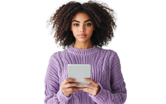 Confident woman in a purple sweater holding a tablet vertically, standing with a focused look white background