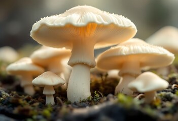 Fototapeta premium Creamy Mushrooms Cluster: A Serene Nature Study