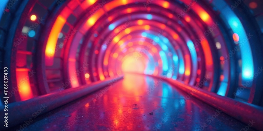 Poster abstract tunnel of vibrant red and blue neon lights reflecting on a smooth surface