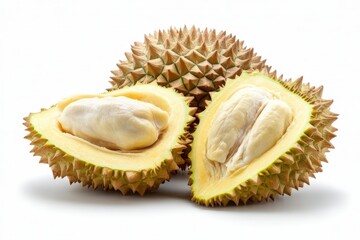 Naklejka premium Ripe durian fruit showing its tasty yellow flesh